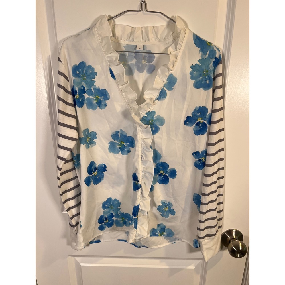 Unbranded Womens Blouse Ruffle Neck Floral Striped White Blue S